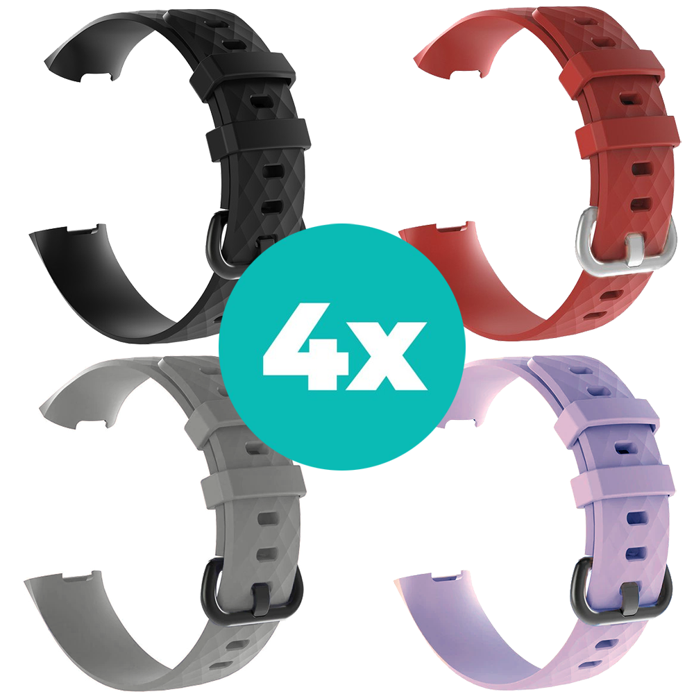 Strap-it Siliconen bandjes geschikt voor Fitbit Charge 4 bandje - Bundel van 4 bandjes - Sport bandje Geschikt voor Fitbit Charge 3 bandje - Set bandjes 4x Zwart - Grijs - Lila - Rood - Maat M/L (Large)