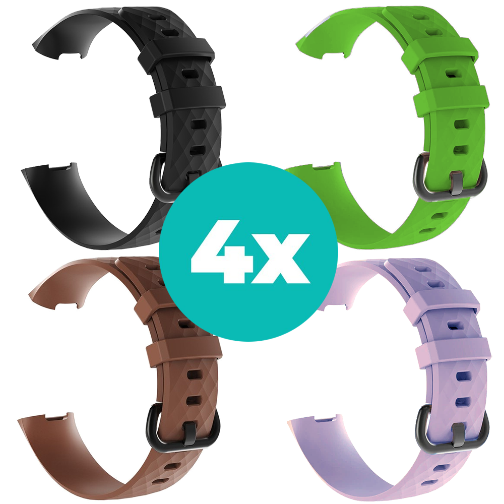 Strap-it Siliconen bandjes geschikt voor Fitbit Charge 4 bandje - Bundel van 4 bandjes - Sport bandje Geschikt voor Fitbit Charge 3 bandje - Set bandjes 4x Zwart - Bruin - Lila - Groen - Maat M/L (Large)