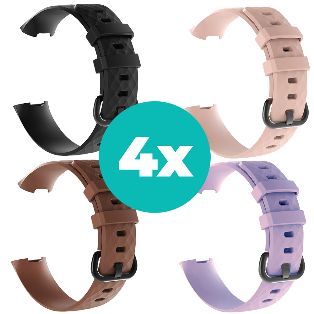 Strap-it Siliconen bandjes geschikt voor Fitbit Charge 4 bandje - Bundel van 4 bandjes - Sport bandje Geschikt voor Fitbit Charge 3 bandje - Set bandjes 4x Zwart - Bruin - Lila - Lichtroze - Maat M/L (Large)
