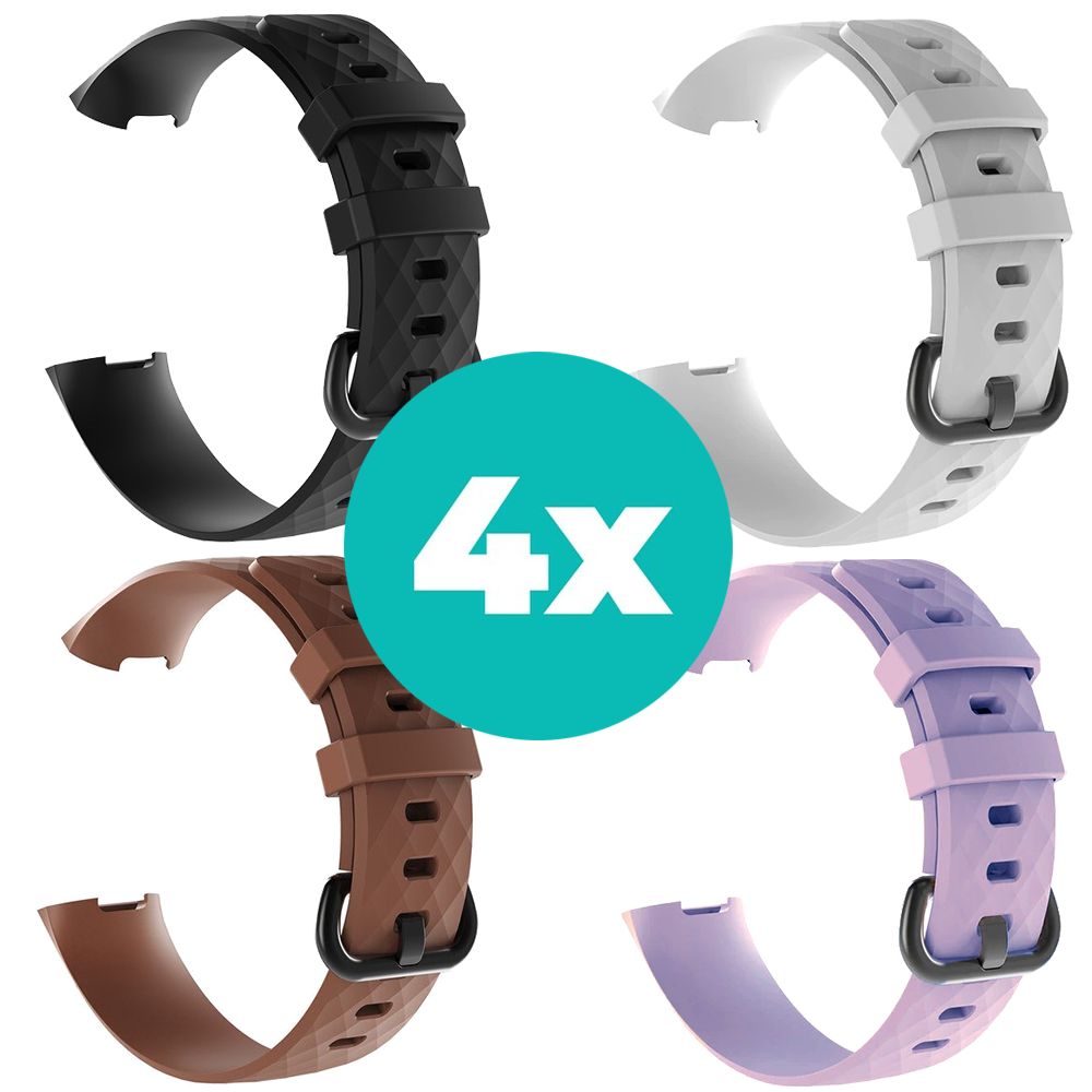 Strap-it Siliconen bandjes geschikt voor Fitbit Charge 4 bandje - Bundel van 4 bandjes - Sport bandje Geschikt voor Fitbit Charge 3 bandje - Set bandjes 4x Zwart - Bruin - Lila - Wit - Maat M/L (Large)