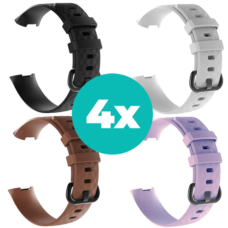 Strap-it Siliconen bandjes geschikt voor Fitbit Charge 4 bandje - Bundel van 4 bandjes - Sport bandje Geschikt voor Fitbit Charge 3 bandje - Set bandjes 4x Zwart - Bruin - Lila - Wit - Maat M/L (Large)