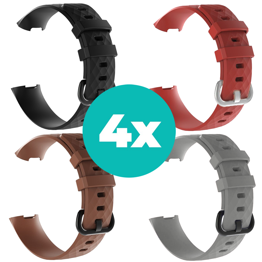 Strap-it Siliconen bandjes geschikt voor Fitbit Charge 4 bandje - Bundel van 4 bandjes - Sport bandje Geschikt voor Fitbit Charge 3 bandje - Set bandjes 4x Zwart - Bruin - Grijs - Rood - Maat M/L (Large)
