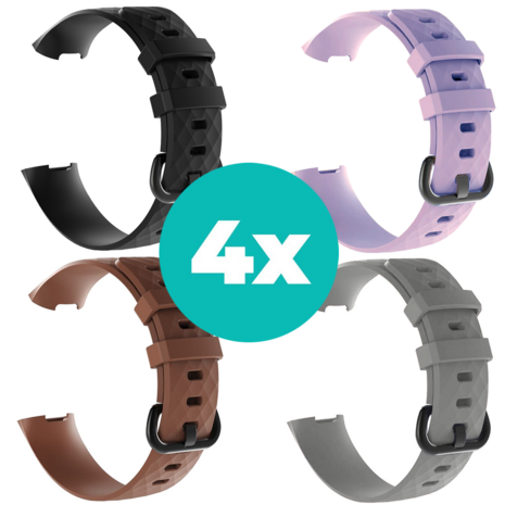 Strap-it Siliconen bandjes geschikt voor Fitbit Charge 4 bandje - Bundel van 4 bandjes - Sport bandje Geschikt voor Fitbit Charge 3 bandje - Set bandjes 4x Zwart - Bruin - Grijs - Lila - Maat M/L (Large)