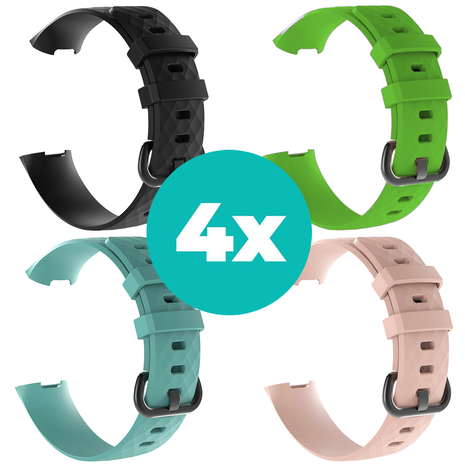 Strap-it Siliconen bandjes geschikt voor Fitbit Charge 4 bandje - Bundel van 4 bandjes - Sport bandje Geschikt voor Fitbit Charge 3 bandje - Set bandjes 4x Zwart - Aqua - Lichtroze - Groen - Maat M/L (Large)