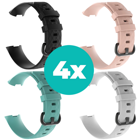 Strap-it Siliconen bandjes geschikt voor Fitbit Charge 4 bandje - Bundel van 4 bandjes - Sport bandje Geschikt voor Fitbit Charge 3 bandje - Set bandjes 4x Zwart - Aqua - Wit - Lichtroze - Maat M/L (Large)