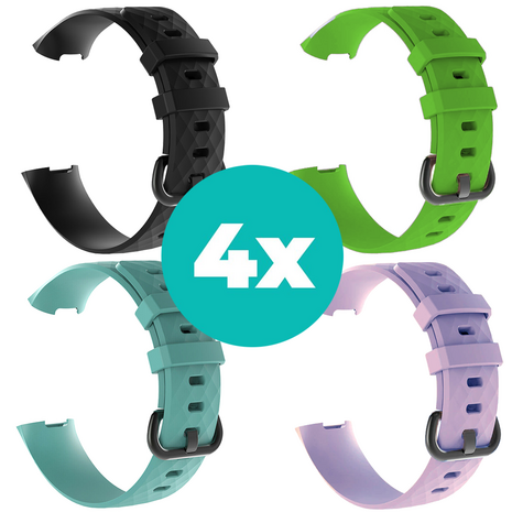 Strap-it Siliconen bandjes geschikt voor Fitbit Charge 4 bandje - Bundel van 4 bandjes - Sport bandje Geschikt voor Fitbit Charge 3 bandje - Set bandjes 4x Zwart - Aqua - Lila - Groen - Maat M/L (Large)