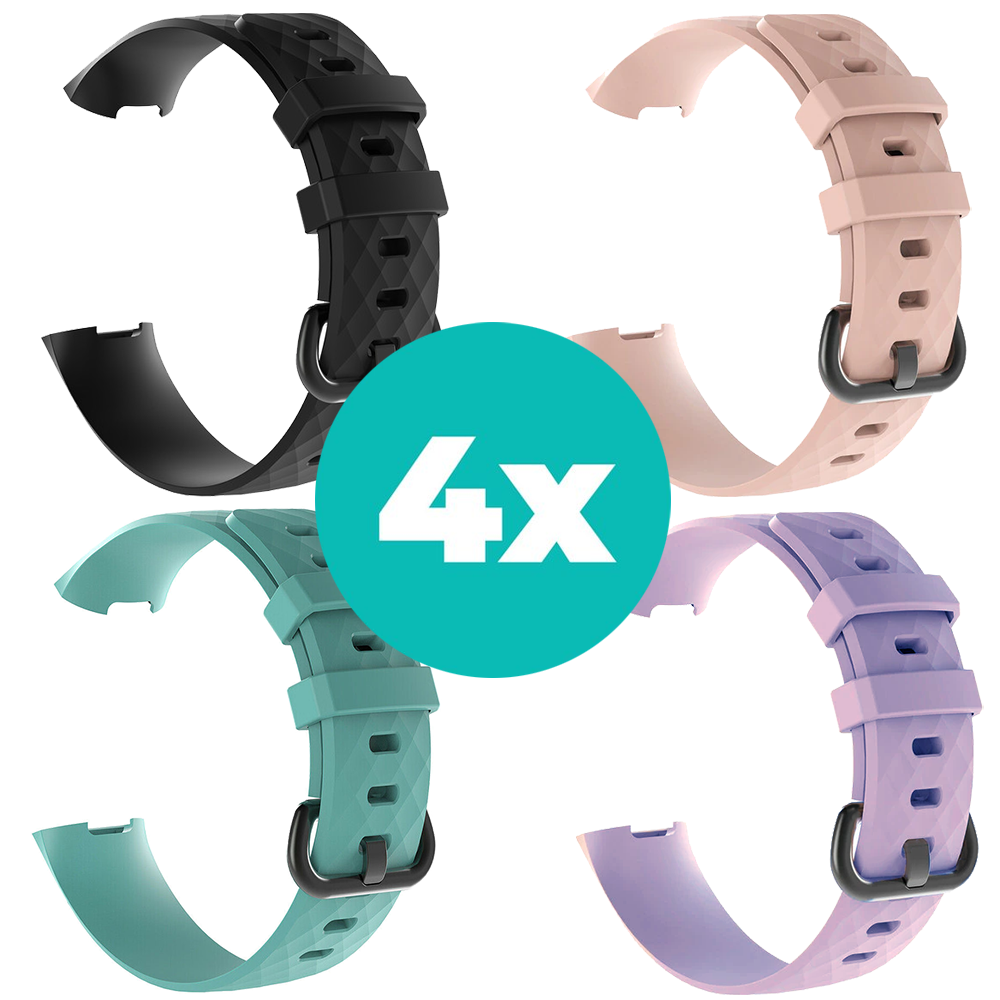 Strap-it Siliconen bandjes geschikt voor Fitbit Charge 4 bandje - Bundel van 4 bandjes - Sport bandje Geschikt voor Fitbit Charge 3 bandje - Set bandjes 4x Zwart - Aqua - Lila - Lichtroze - Maat M/L (Large)