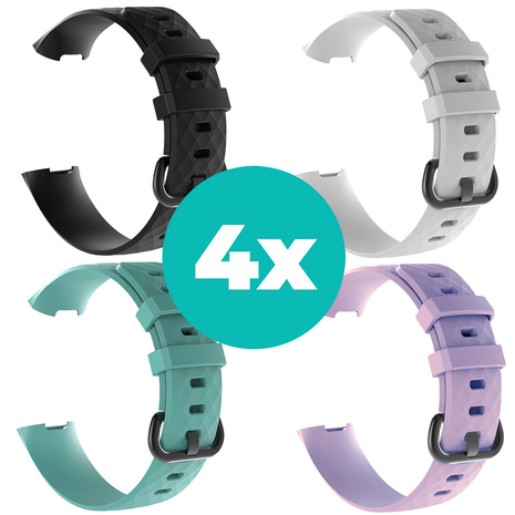 Strap-it Siliconen bandjes geschikt voor Fitbit Charge 4 bandje - Bundel van 4 bandjes - Sport bandje Geschikt voor Fitbit Charge 3 bandje - Set bandjes 4x Zwart - Aqua - Lila - Wit - Maat M/L (Large)