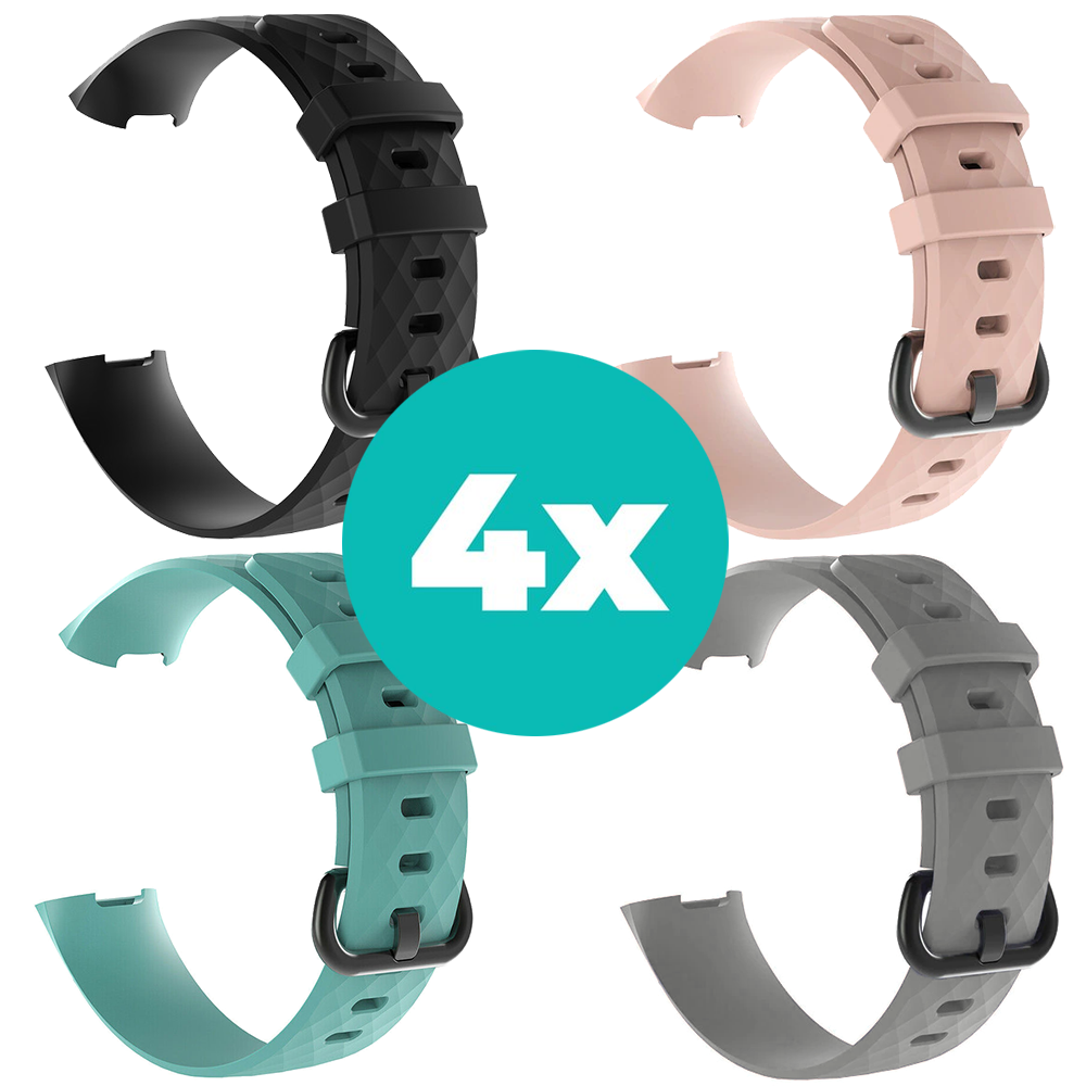Strap-it Siliconen bandjes geschikt voor Fitbit Charge 4 bandje - Bundel van 4 bandjes - Sport bandje Geschikt voor Fitbit Charge 3 bandje - Set bandjes 4x Zwart - Aqua - Grijs - Lichtroze - Maat M/L (Large)