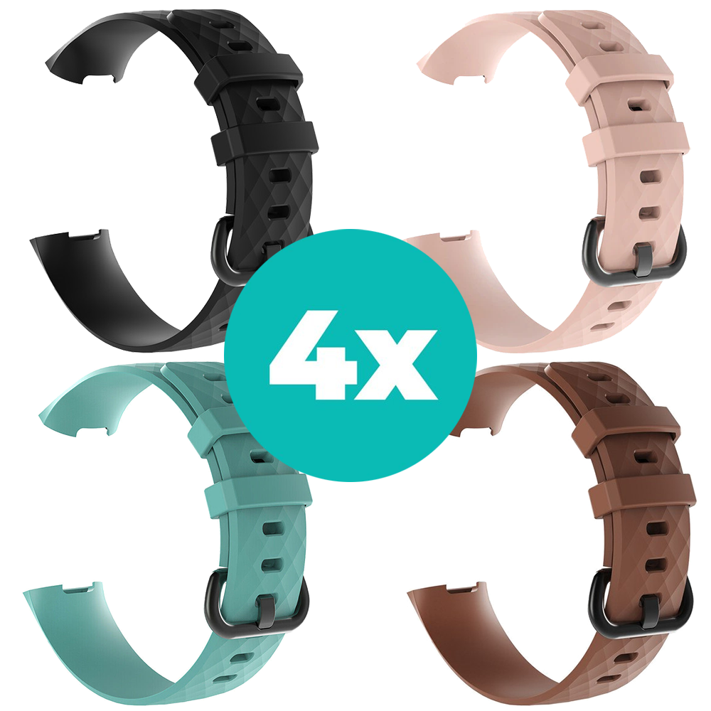 Strap-it Siliconen bandjes geschikt voor Fitbit Charge 4 bandje - Bundel van 4 bandjes - Sport bandje Geschikt voor Fitbit Charge 3 bandje - Set bandjes 4x Zwart - Aqua - Bruin - Lichtroze - Maat M/L (Large)