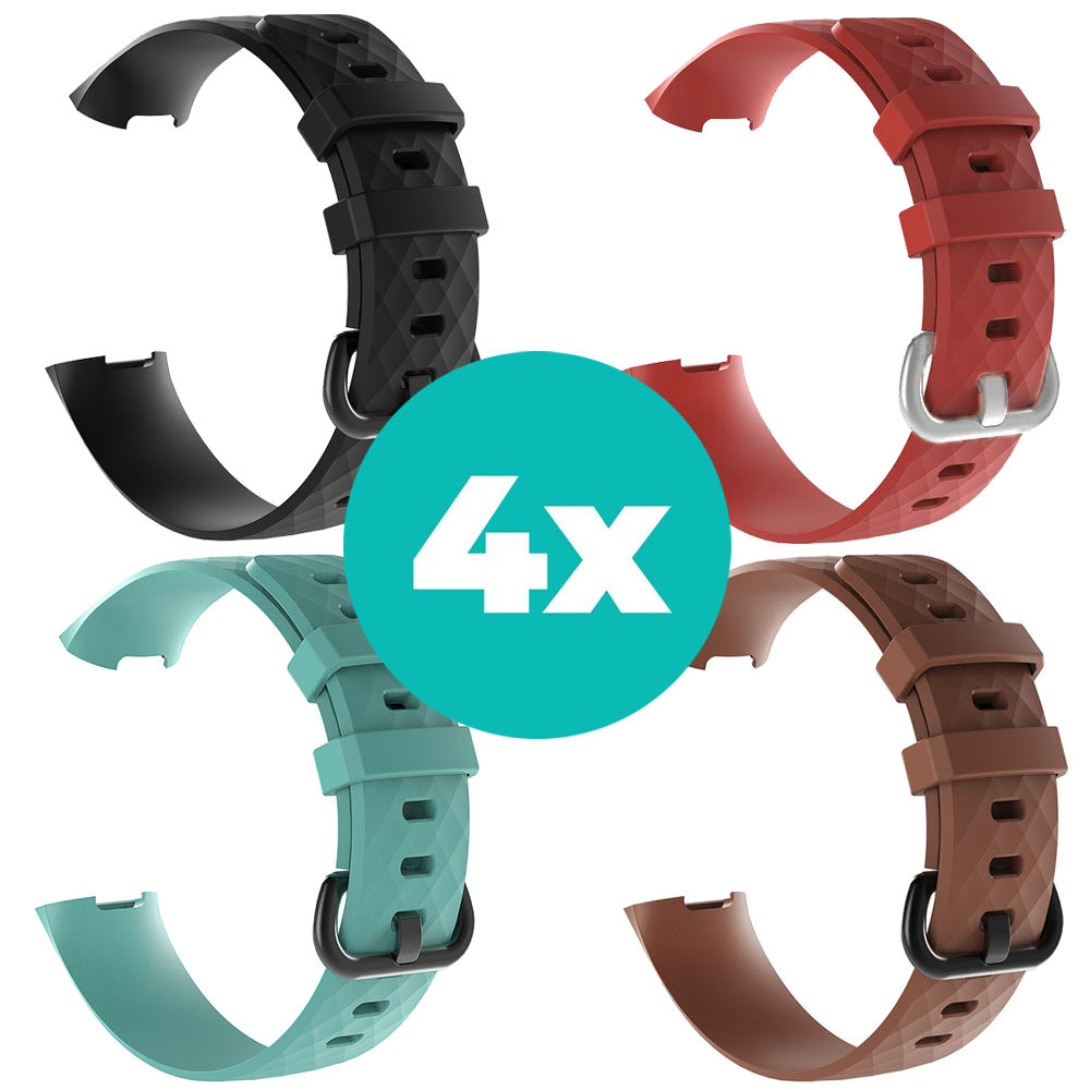 Strap-it Siliconen bandjes geschikt voor Fitbit Charge 4 bandje - Bundel van 4 bandjes - Sport bandje Geschikt voor Fitbit Charge 3 bandje - Set bandjes 4x Zwart - Aqua - Bruin - Rood - Maat M/L (Large)