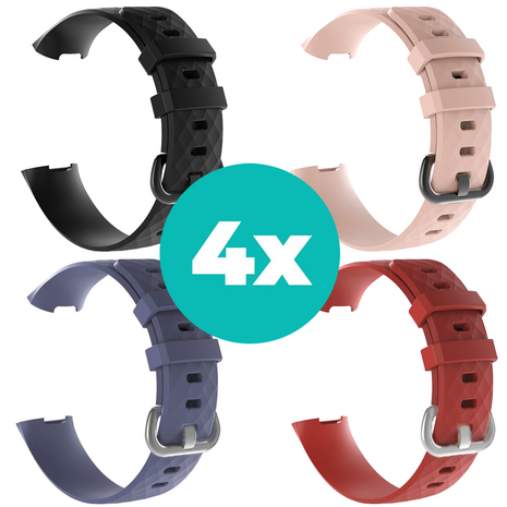Strap-it Siliconen bandjes geschikt voor Fitbit Charge 4 bandje - Bundel van 4 bandjes - Sport bandje Geschikt voor Fitbit Charge 3 bandje - Set bandjes 4x Zwart - Grijsblauw - Rood - Lichtroze - Maat M/L (Large)