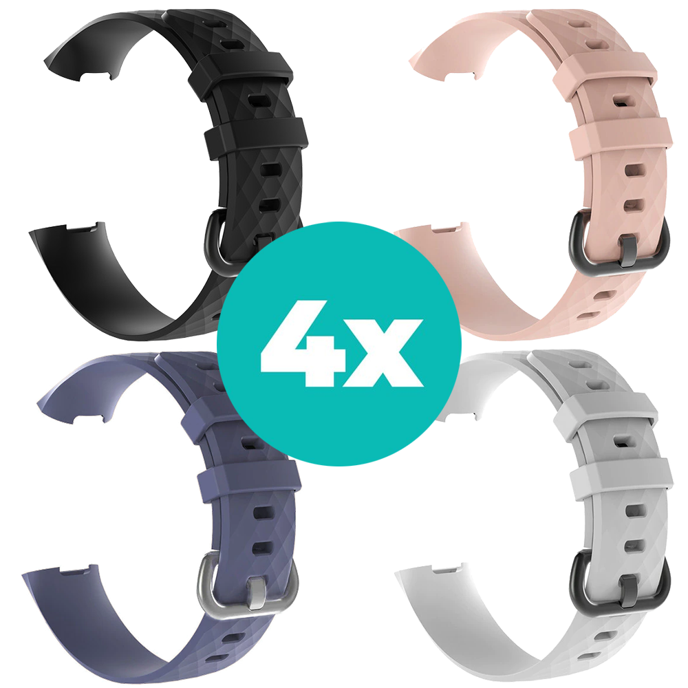Strap-it Siliconen bandjes geschikt voor Fitbit Charge 4 bandje - Bundel van 4 bandjes - Sport bandje Geschikt voor Fitbit Charge 3 bandje - Set bandjes 4x Zwart - Grijsblauw - Wit - Lichtroze - Maat M/L (Large)