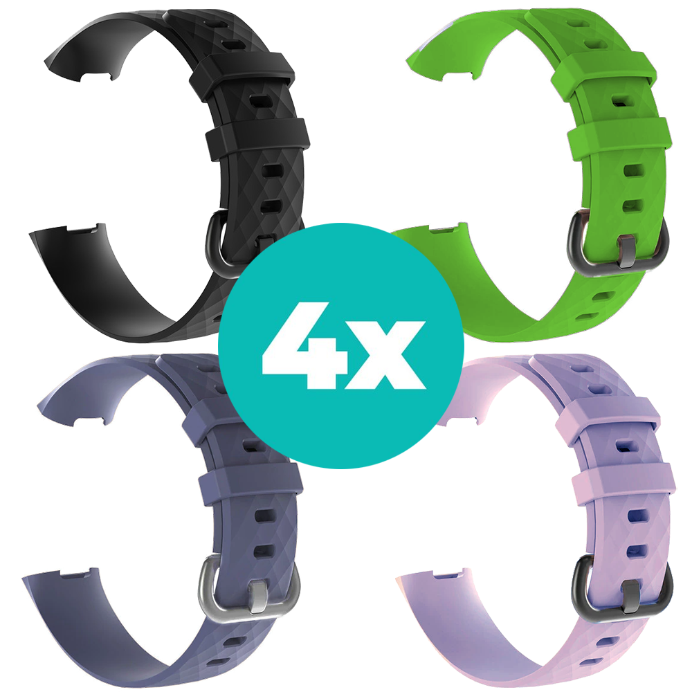 Strap-it Siliconen bandjes geschikt voor Fitbit Charge 4 bandje - Bundel van 4 bandjes - Sport bandje Geschikt voor Fitbit Charge 3 bandje - Set bandjes 4x Zwart - Grijsblauw - Lila - Groen - Maat M/L (Large)