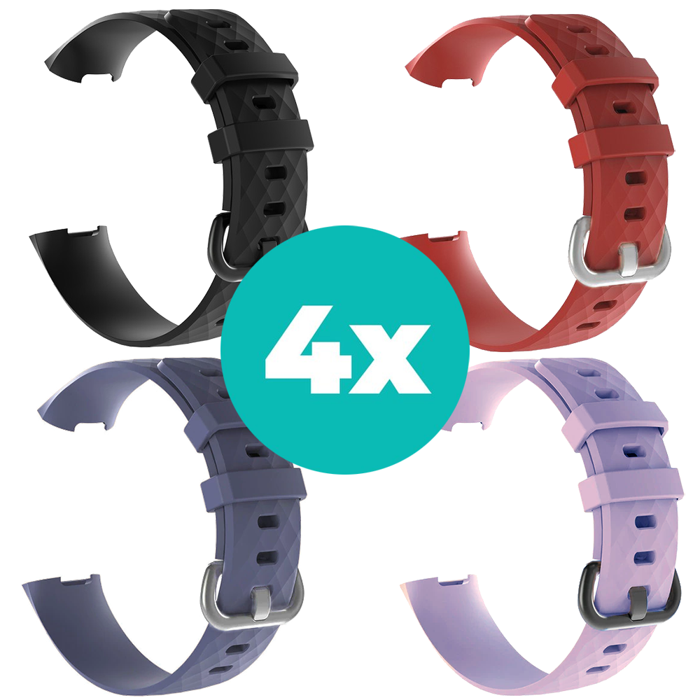 Strap-it Siliconen bandjes geschikt voor Fitbit Charge 4 bandje - Bundel van 4 bandjes - Sport bandje Geschikt voor Fitbit Charge 3 bandje - Set bandjes 4x Zwart - Grijsblauw - Lila - Rood - Maat M/L (Large)