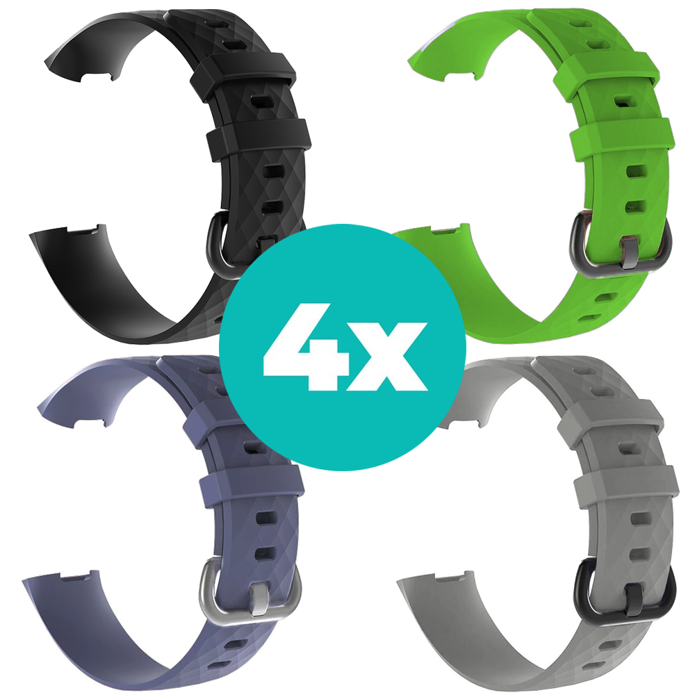 Strap-it Siliconen bandjes geschikt voor Fitbit Charge 4 bandje - Bundel van 4 bandjes - Sport bandje Geschikt voor Fitbit Charge 3 bandje - Set bandjes 4x Zwart - Grijsblauw - Grijs - Groen - Maat M/L (Large)