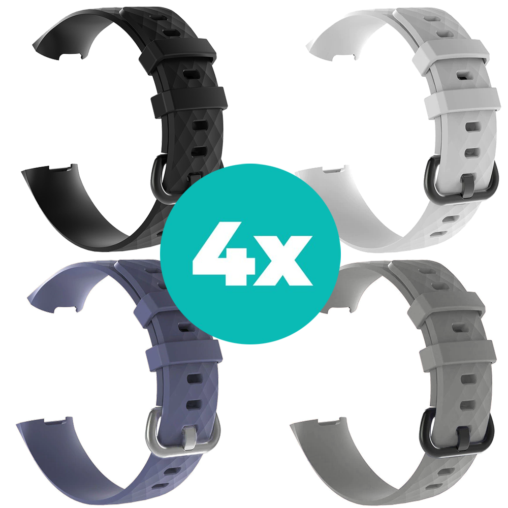 Strap-it Siliconen bandjes geschikt voor Fitbit Charge 4 bandje - Bundel van 4 bandjes - Sport bandje Geschikt voor Fitbit Charge 3 bandje - Set bandjes 4x Zwart - Grijsblauw - Grijs - Wit - Maat M/L (Large)