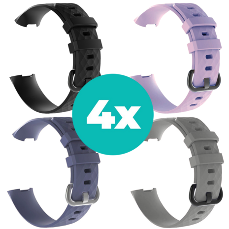Strap-it Siliconen bandjes geschikt voor Fitbit Charge 4 bandje - Bundel van 4 bandjes - Sport bandje Geschikt voor Fitbit Charge 3 bandje - Set bandjes 4x Zwart - Grijsblauw - Grijs - Lila - Maat M/L (Large)
