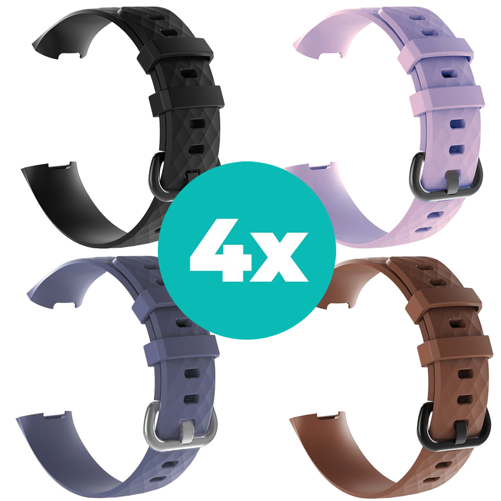 Strap-it Siliconen bandjes geschikt voor Fitbit Charge 4 bandje - Bundel van 4 bandjes - Sport bandje Geschikt voor Fitbit Charge 3 bandje - Set bandjes 4x Zwart - Grijsblauw - Bruin - Lila - Maat M/L (Large)