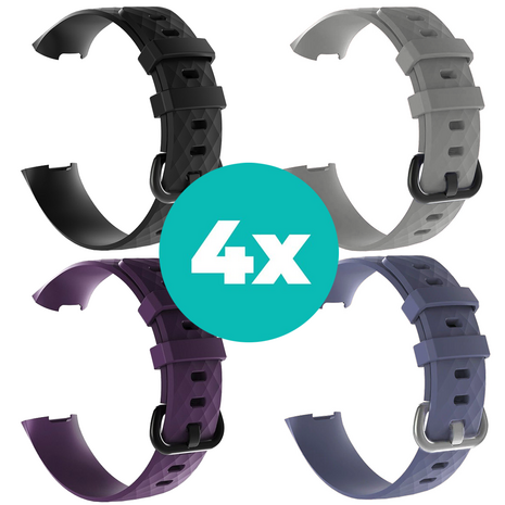 Strap-it Siliconen bandjes geschikt voor Fitbit Charge 4 bandje - Bundel van 4 bandjes - Sport bandje Geschikt voor Fitbit Charge 3 bandje - Set bandjes 4x Zwart - Paars - Grijsblauw - Grijs - Maat M/L (Large)