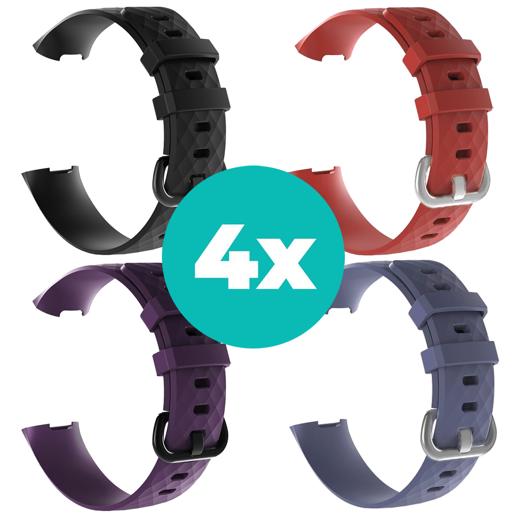 Strap-it Siliconen bandjes geschikt voor Fitbit Charge 4 bandje - Bundel van 4 bandjes - Sport bandje Geschikt voor Fitbit Charge 3 bandje - Set bandjes 4x Zwart - Paars - Grijsblauw - Rood - Maat M/L (Large)
