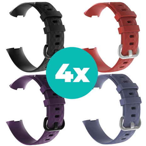 Strap-it Siliconen bandjes geschikt voor Fitbit Charge 4 bandje - Bundel van 4 bandjes - Sport bandje Geschikt voor Fitbit Charge 3 bandje - Set bandjes 4x Zwart - Paars - Grijsblauw - Rood - Maat M/L (Large)