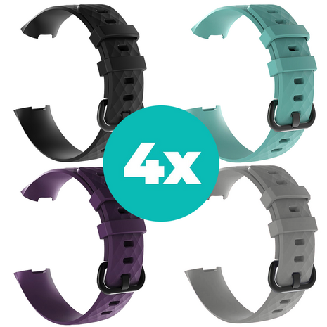 Strap-it Siliconen bandjes geschikt voor Fitbit Charge 4 bandje - Bundel van 4 bandjes - Sport bandje Geschikt voor Fitbit Charge 3 bandje - Set bandjes 4x Zwart - Paars - Aqua - Grijs - Maat M/L (Large)