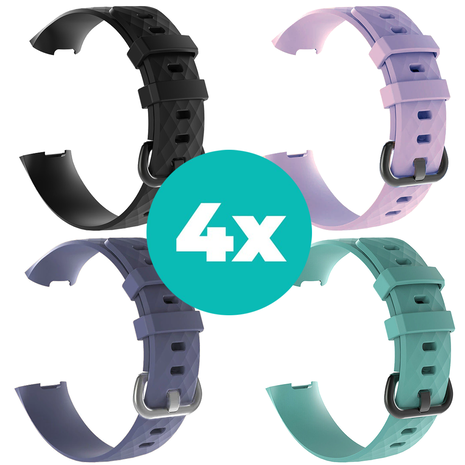 Strap-it Siliconen bandjes geschikt voor Fitbit Charge 4 bandje - Bundel van 4 bandjes - Sport bandje Geschikt voor Fitbit Charge 3 bandje - Set bandjes 4x Zwart - Grijsblauw - Aqua - Lila - Maat M/L (Large)