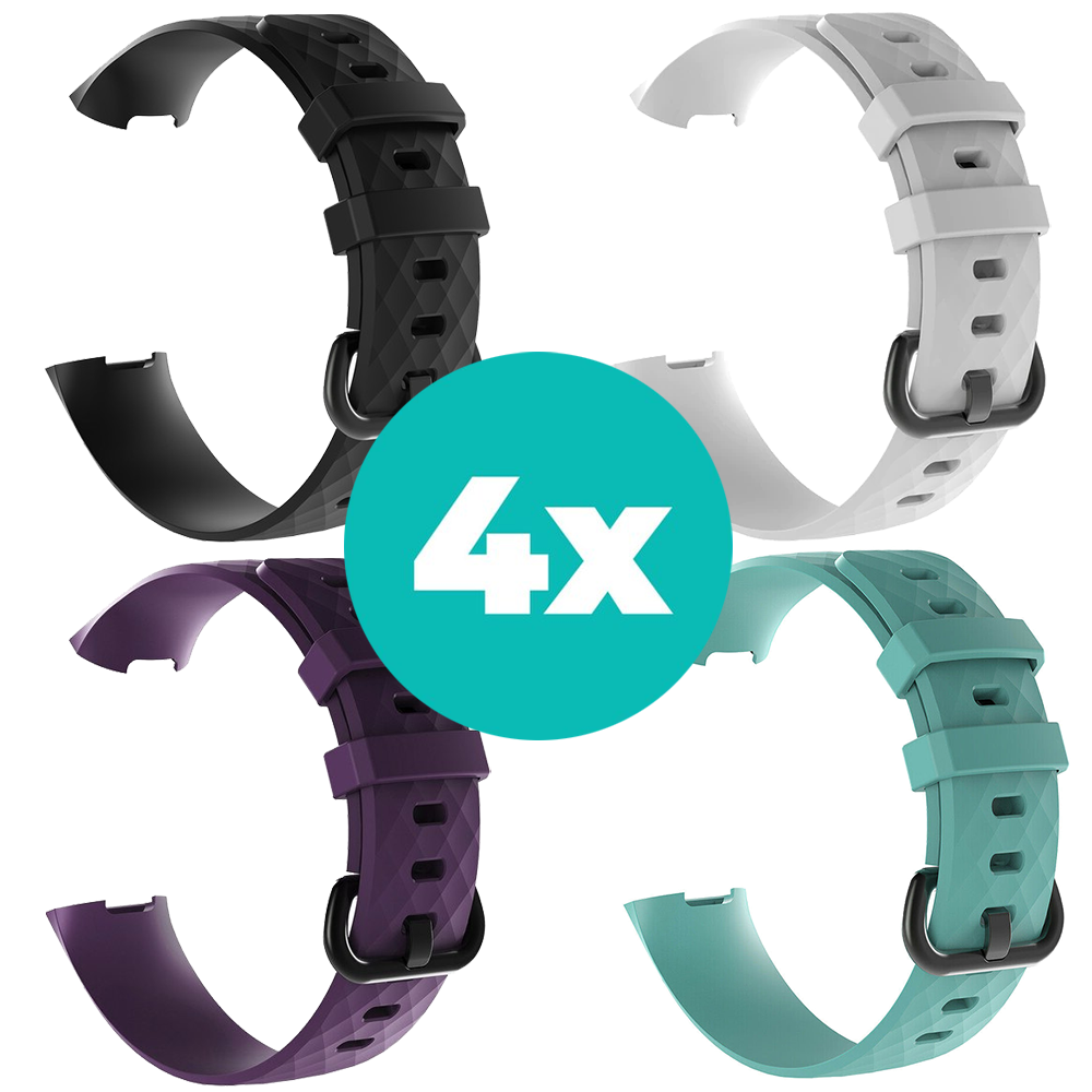 Strap-it Siliconen bandjes geschikt voor Fitbit Charge 4 bandje - Bundel van 4 bandjes - Sport bandje Geschikt voor Fitbit Charge 3 bandje - Set bandjes 4x Zwart - Paars - Aqua - Wit - Maat M/L (Large)