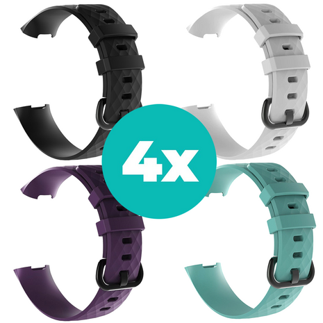 Strap-it Siliconen bandjes geschikt voor Fitbit Charge 4 bandje - Bundel van 4 bandjes - Sport bandje Geschikt voor Fitbit Charge 3 bandje - Set bandjes 4x Zwart - Paars - Aqua - Wit - Maat M/L (Large)