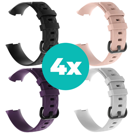 Strap-it Siliconen bandjes geschikt voor Fitbit Charge 4 bandje - Bundel van 4 bandjes - Sport bandje Geschikt voor Fitbit Charge 3 bandje - Set bandjes 4x Zwart - Paars - Wit - Lichtroze - Maat M/L (Large)