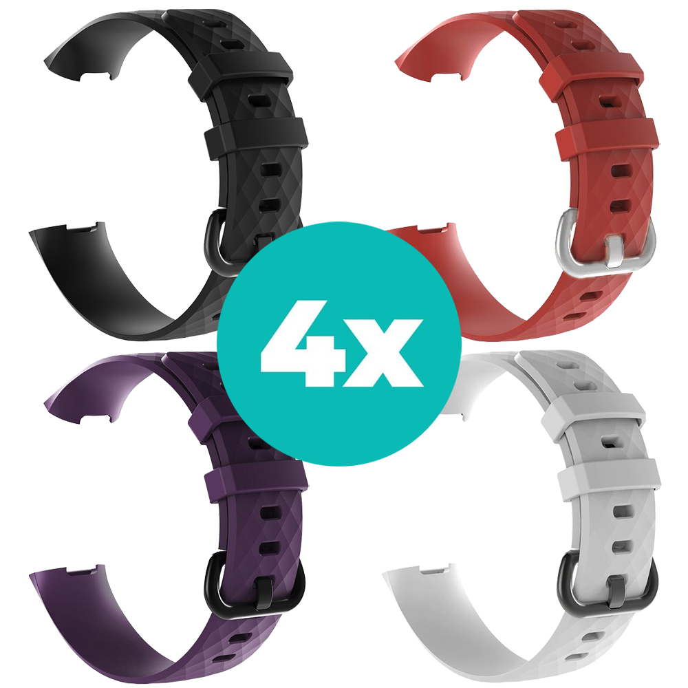 Strap-it Siliconen bandjes geschikt voor Fitbit Charge 4 bandje - Bundel van 4 bandjes - Sport bandje Geschikt voor Fitbit Charge 3 bandje - Set bandjes 4x Zwart - Paars - Wit - Rood - Maat M/L (Large)