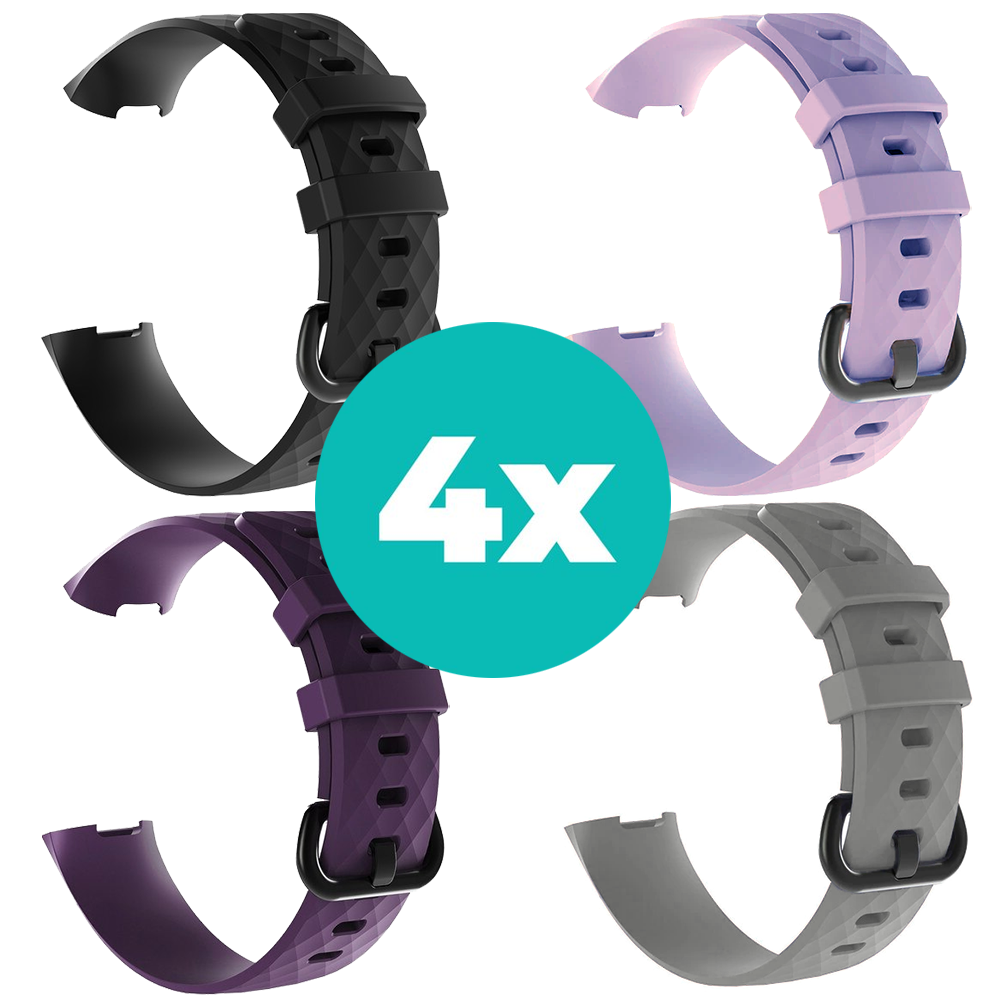 Strap-it Siliconen bandjes geschikt voor Fitbit Charge 4 bandje - Bundel van 4 bandjes - Sport bandje Geschikt voor Fitbit Charge 3 bandje - Set bandjes 4x Zwart - Paars - Grijs - Lila - Maat M/L (Large)