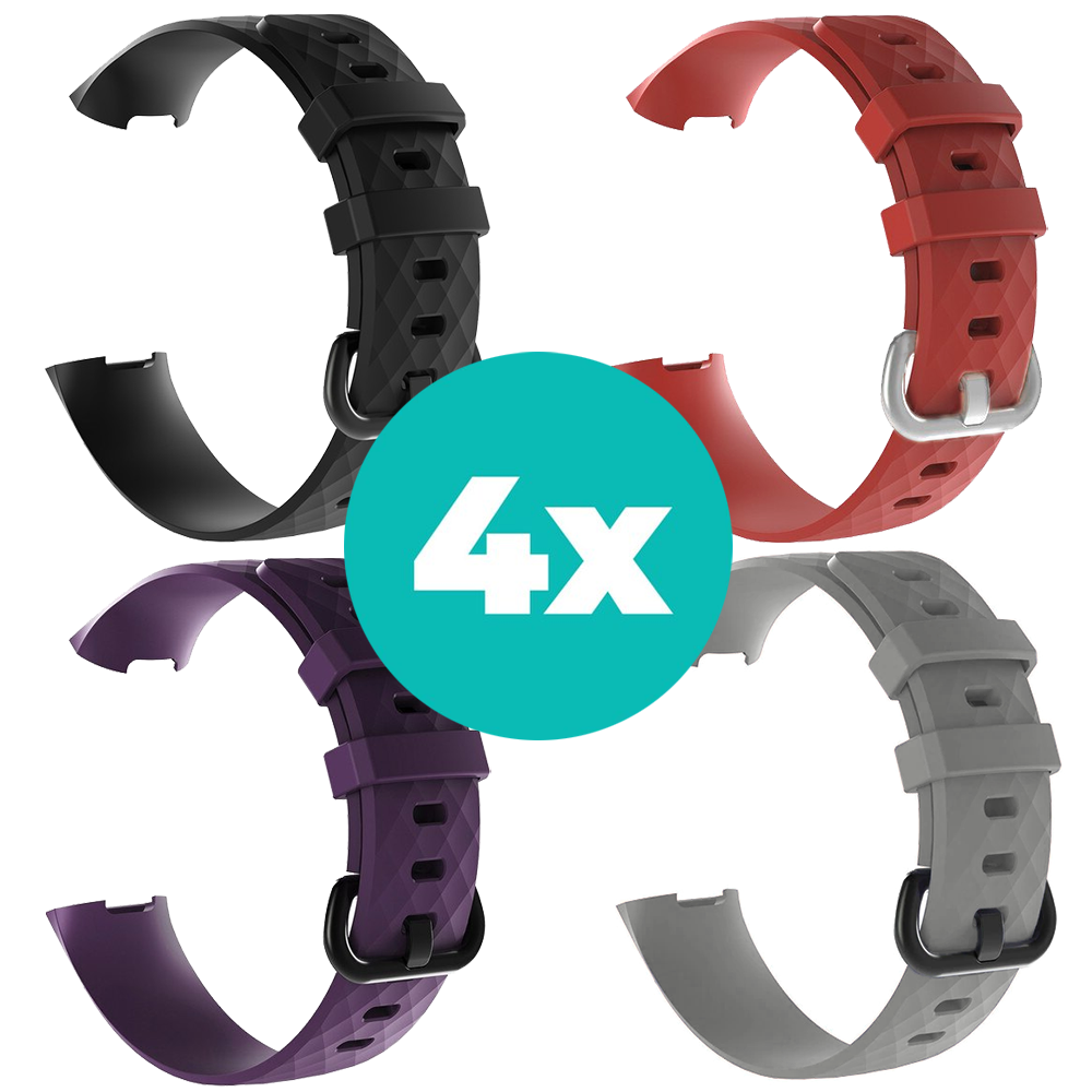 Strap-it Siliconen bandjes geschikt voor Fitbit Charge 4 bandje - Bundel van 4 bandjes - Sport bandje Geschikt voor Fitbit Charge 3 bandje - Set bandjes 4x Zwart - Paars - Grijs - Rood - Maat M/L (Large)