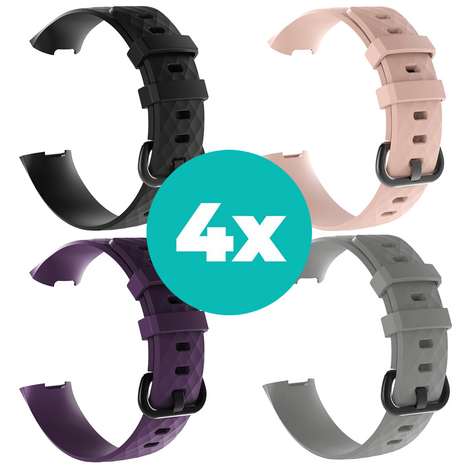 Strap-it Siliconen bandjes geschikt voor Fitbit Charge 4 bandje - Bundel van 4 bandjes - Sport bandje Geschikt voor Fitbit Charge 3 bandje - Set bandjes 4x Zwart - Paars - Grijs - Lichtroze - Maat M/L (Large)
