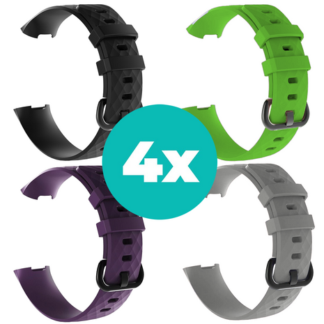 Strap-it Siliconen bandjes geschikt voor Fitbit Charge 4 bandje - Bundel van 4 bandjes - Sport bandje Geschikt voor Fitbit Charge 3 bandje - Set bandjes 4x Zwart - Paars - Grijs - Groen - Maat M/L (Large)