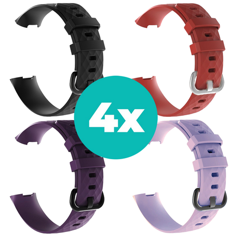 Strap-it Siliconen bandjes geschikt voor Fitbit Charge 4 bandje - Bundel van 4 bandjes - Sport bandje Geschikt voor Fitbit Charge 3 bandje - Set bandjes 4x Zwart - Paars - Lila - Rood - Maat M/L (Large)