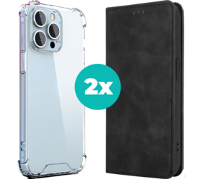 Coverzs iPhone 14 Plus hoesje bundel - Luxe bookcase en transparant case - 2 hoogwaardige hoesjes voor iPhone 14 Plus - Bundel van Zwart en Transparant hoesje