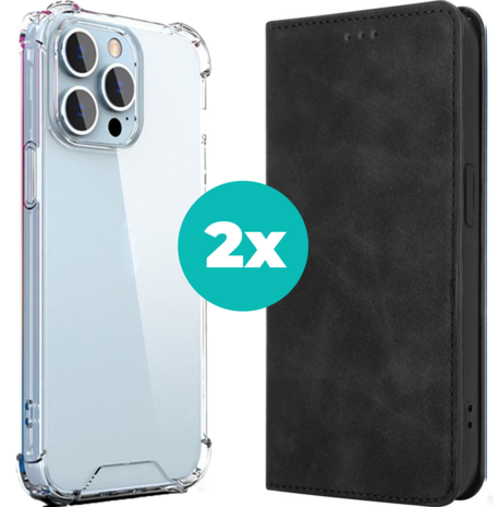 Coverzs Hoesje geschikt voor iPhone 14 Plus hoesje bundel - Luxe bookcase en transparant case - 2 hoogwaardige hoesjes voor Hoesje geschikt voor iPhone 14 Plus - Bundel van Zwart en Transparant hoesje
