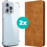 Coverzs iPhone 14 Plus hoesje bundel - Luxe bookcase en transparant case - 2 hoogwaardige hoesjes voor iPhone 14 Plus - Bundel van Bruin en Transparant hoesje