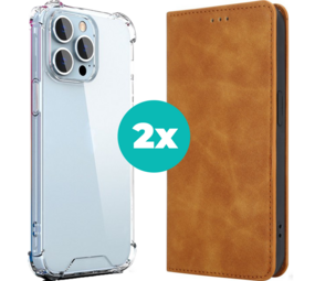 Coverzs iPhone 14 Plus hoesje bundel - Luxe bookcase en transparant case - 2 hoogwaardige hoesjes voor iPhone 14 Plus - Bundel van Bruin en Transparant hoesje