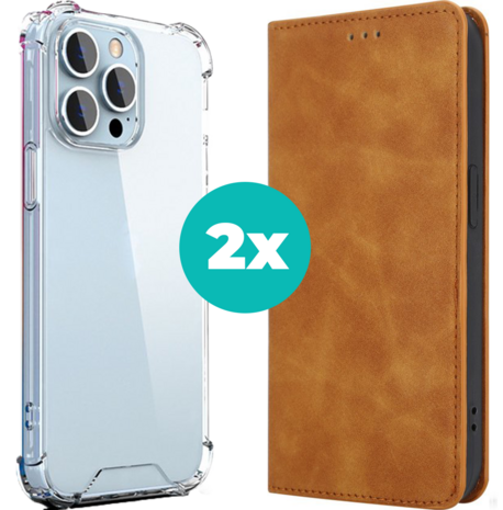 Coverzs Hoesje geschikt voor iPhone 14 Plus hoesje bundel - Luxe bookcase en transparant case - 2 hoogwaardige hoesjes voor Hoesje geschikt voor iPhone 14 Plus - Bundel van Bruin en Transparant hoesje
