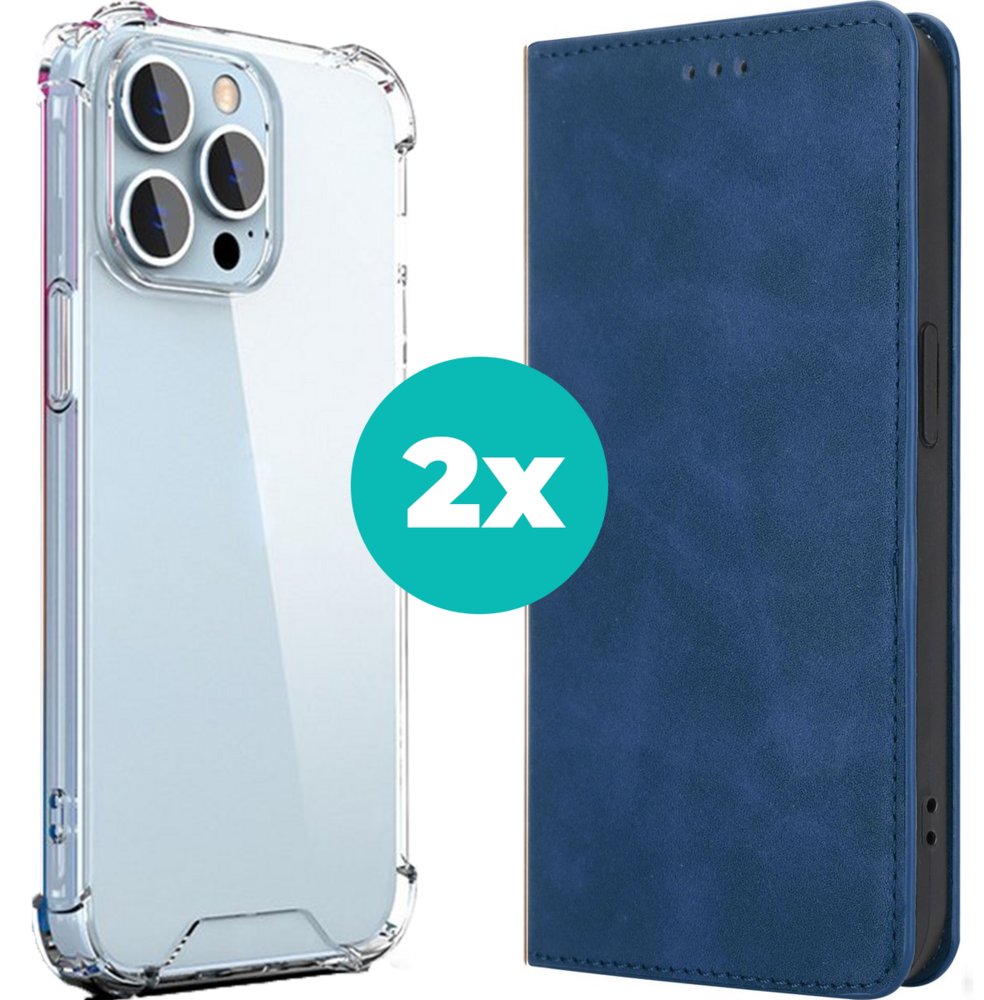 Coverzs Hoesje geschikt voor iPhone 14 Plus hoesje bundel - Luxe bookcase en transparant case - 2 hoogwaardige hoesjes voor Hoesje geschikt voor iPhone 14 Plus - Bundel van Blauw en Transparant hoesje