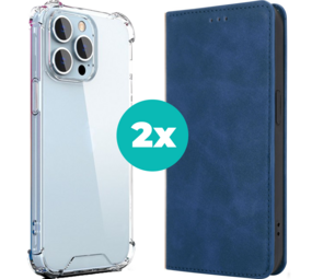 Coverzs iPhone 14 Plus hoesje bundel - Luxe bookcase en transparant case - 2 hoogwaardige hoesjes voor iPhone 14 Plus - Bundel van Blauw en Transparant hoesje
