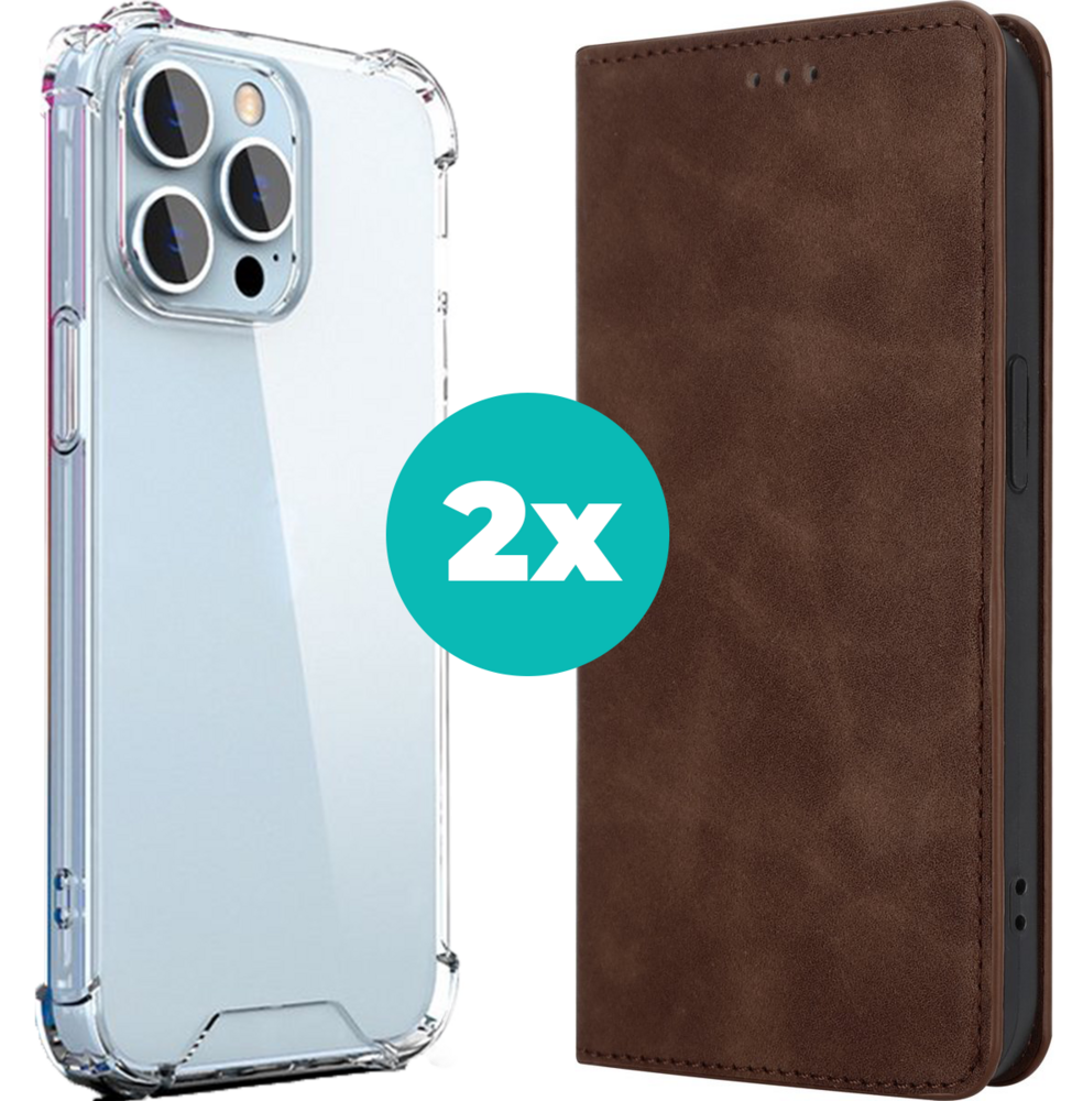 Coverzs Hoesje geschikt voor iPhone 14 Plus hoesje bundel - Luxe bookcase en transparant case - 2 hoogwaardige hoesjes voor Hoesje geschikt voor iPhone 14 Plus - Bundel van Donkerbruin en Transparant hoesje