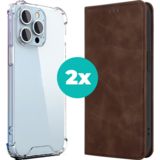 Coverzs iPhone 14 Plus hoesje bundel - Luxe bookcase en transparant case - 2 hoogwaardige hoesjes voor iPhone 14 Plus - Bundel van Donkerbruin en Transparant hoesje