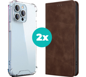 Coverzs iPhone 14 Plus hoesje bundel - Luxe bookcase en transparant case - 2 hoogwaardige hoesjes voor iPhone 14 Plus - Bundel van Donkerbruin en Transparant hoesje