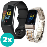 Strap-it Charge 5 bandje zwart S/M + Fitbit Charge 5 metalen schakel band (zilver/rosé goud)