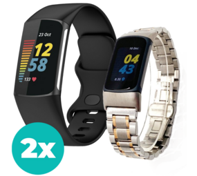 Strap-it Charge 5 bandje zwart S/M + Fitbit Charge 5 metalen schakel band (zilver/rosé goud)
