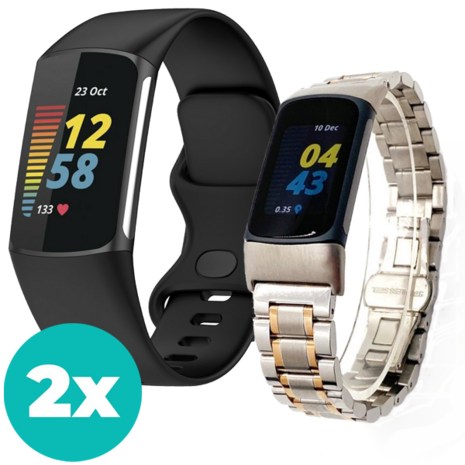 Strap-it Siliconen bandje zwart (S/M) & zilver / rosegoud stalen bandje geschikt voor Fitbit Charge 5 bandje - Sport bandje - Met gesp - Metalen bandje - Bandje staal - Schakels - Metalen schakel band